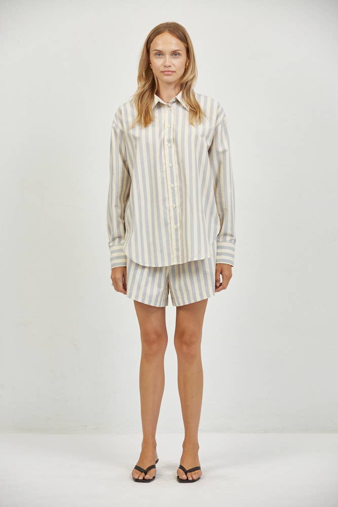 Blue Striped Elastic Waist Shorts