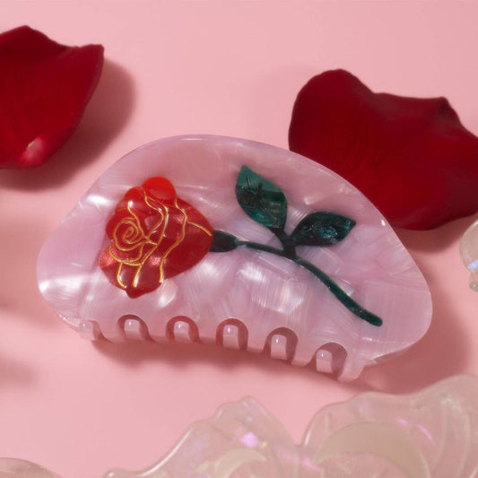 Pink Belle Red Rose Hair Claw
