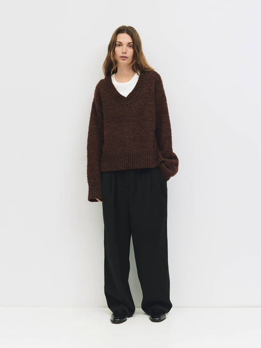 Brown Boucle Knit V-Neck Sweater