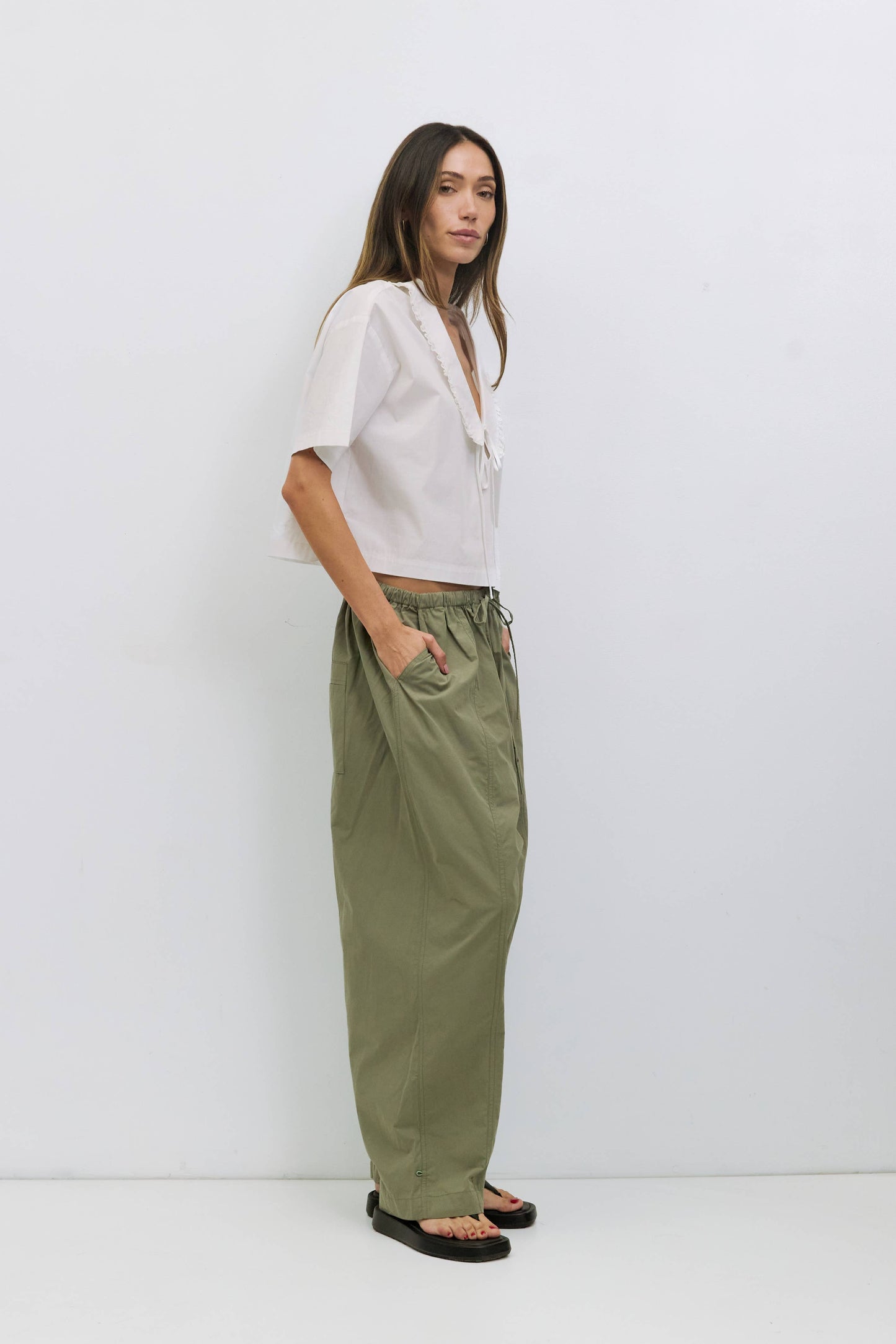 Poplin Lace Trim V Neck Boxy Top