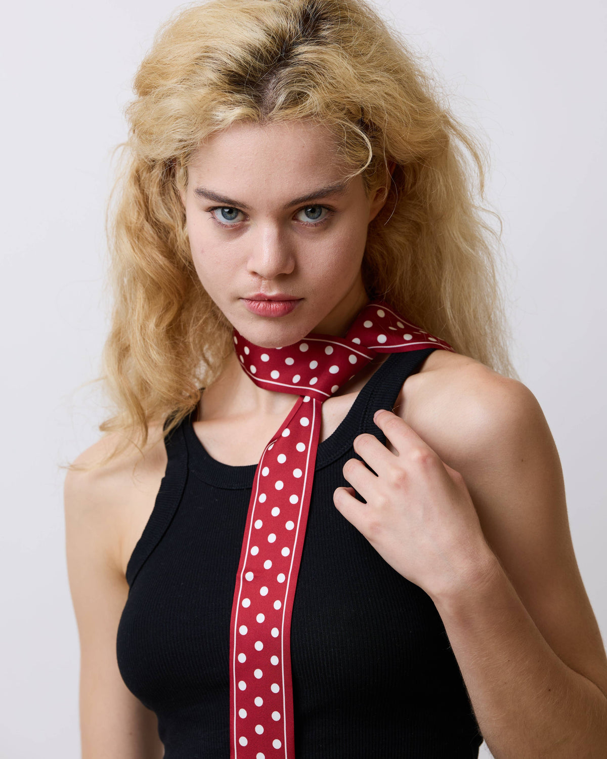 Dark Red Polka Dot Silk Slim Scarf