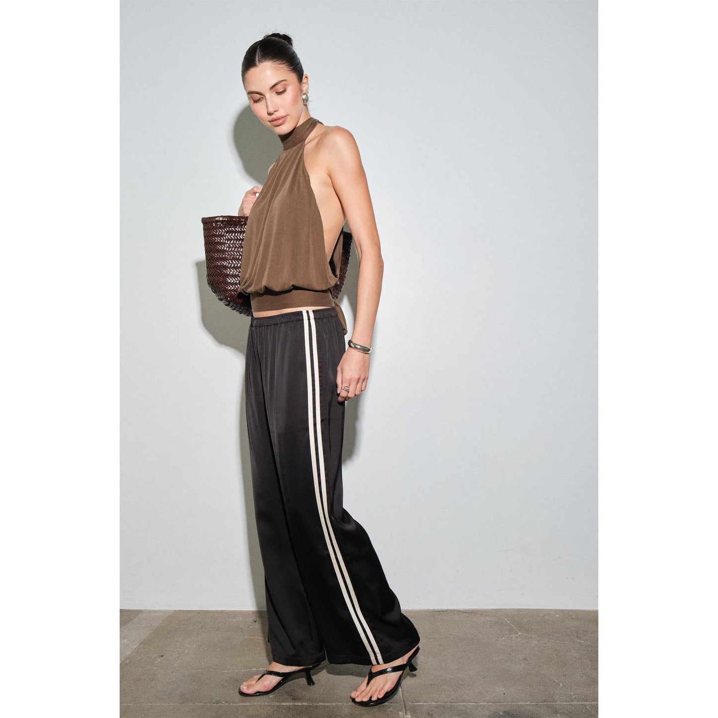 Black Satin Cream Stripe Track Pants