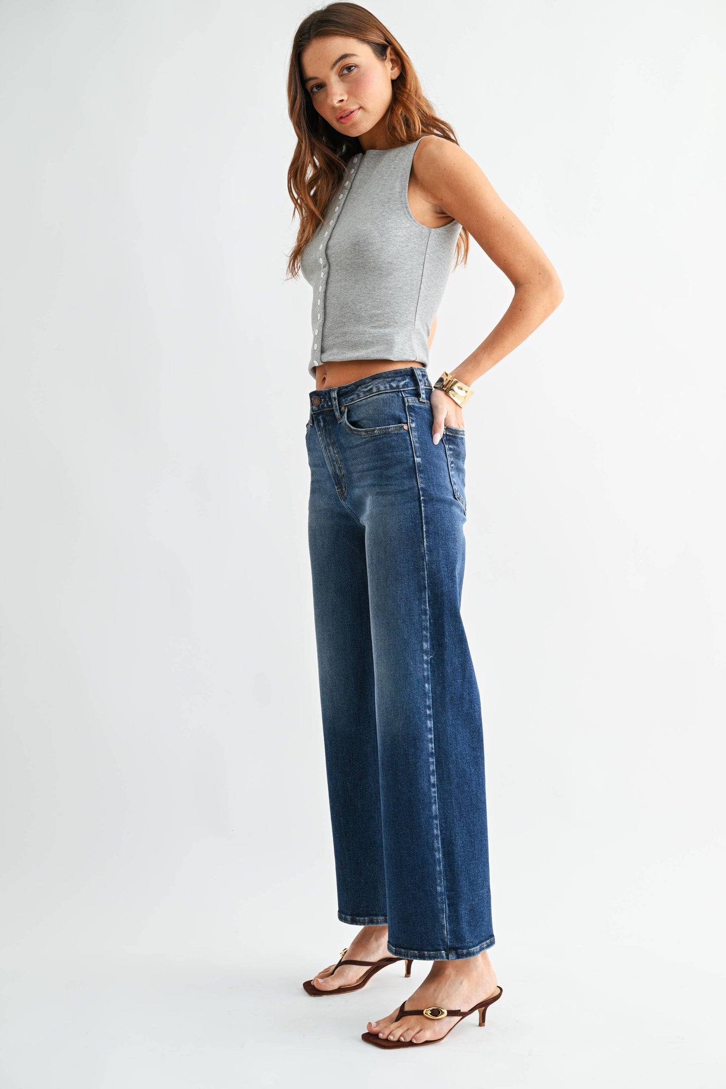 Mid Rise Dark Wash Wide Leg Jean