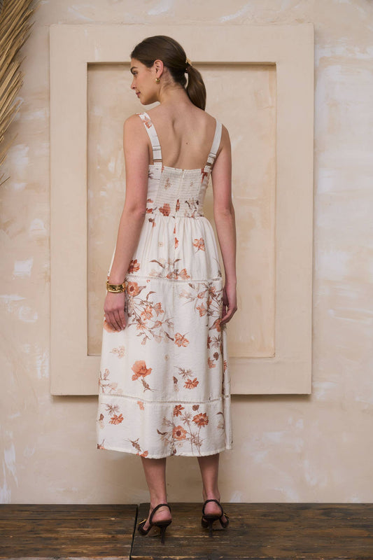 Square Neck Floral Print Midi Dress