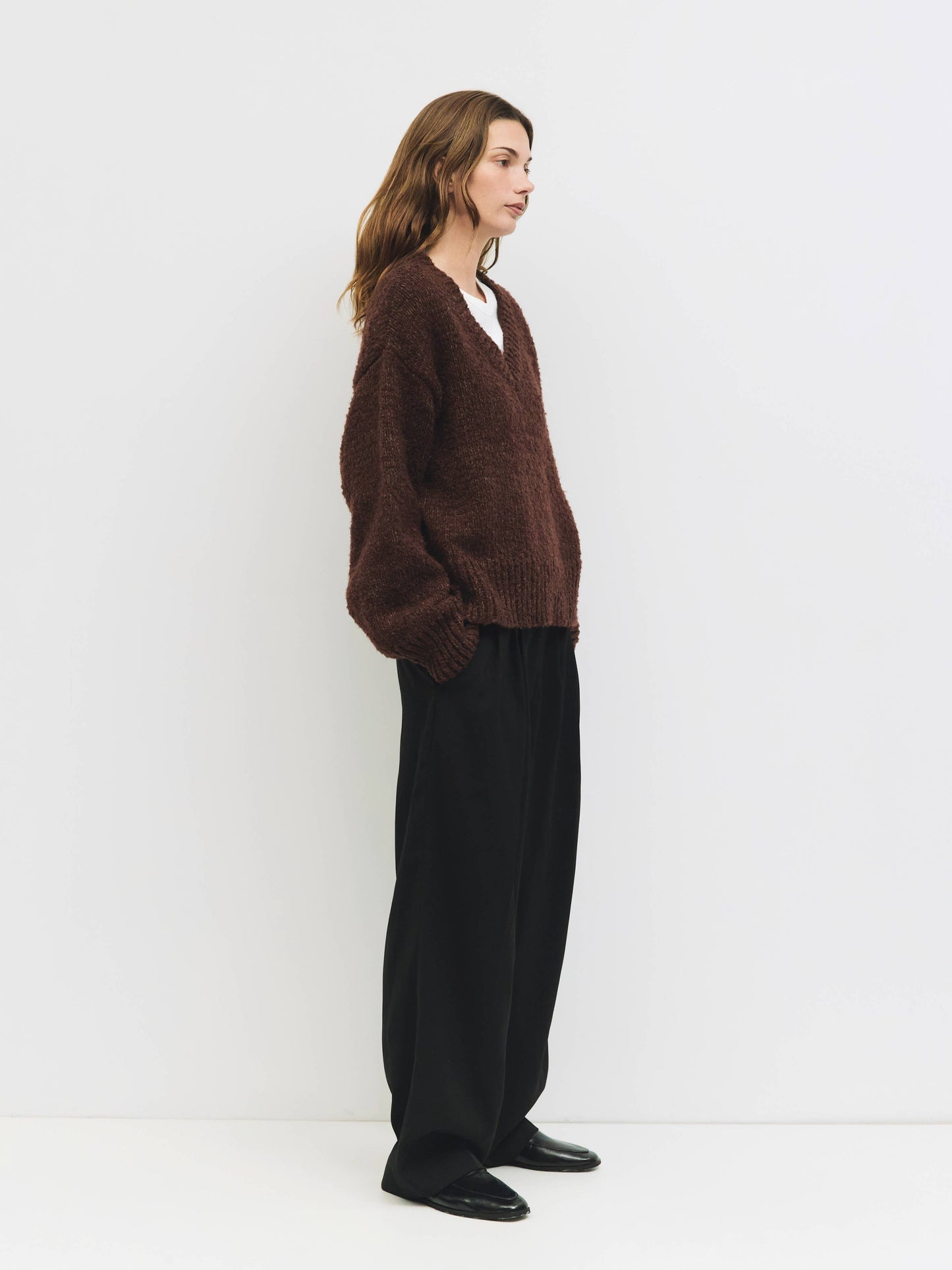 Brown Boucle Knit V-Neck Sweater
