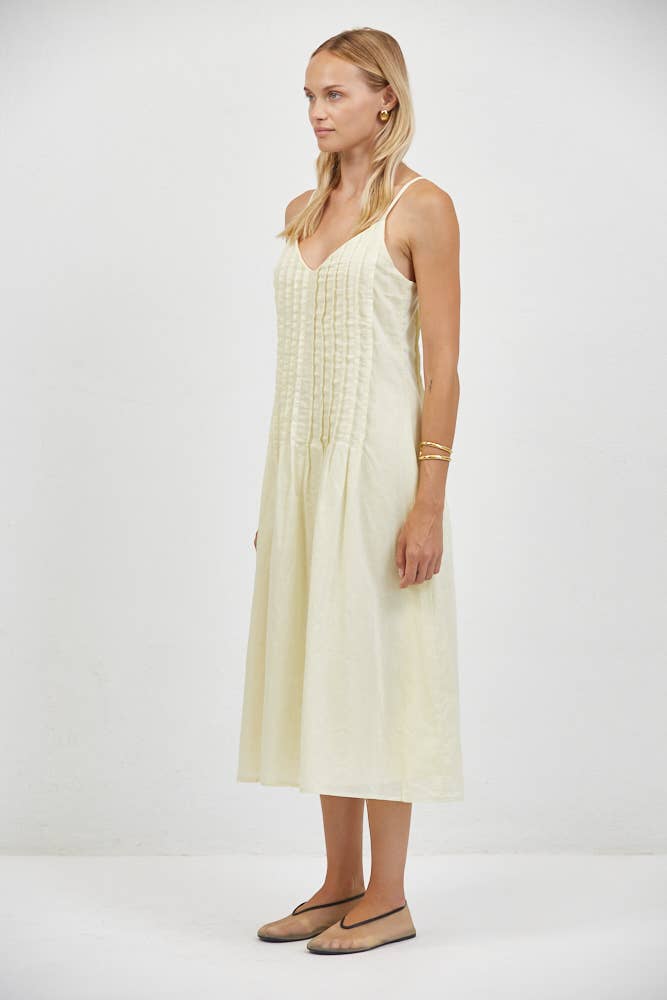 Yellow Linen Pin Tuck V-Neck Midi Dress