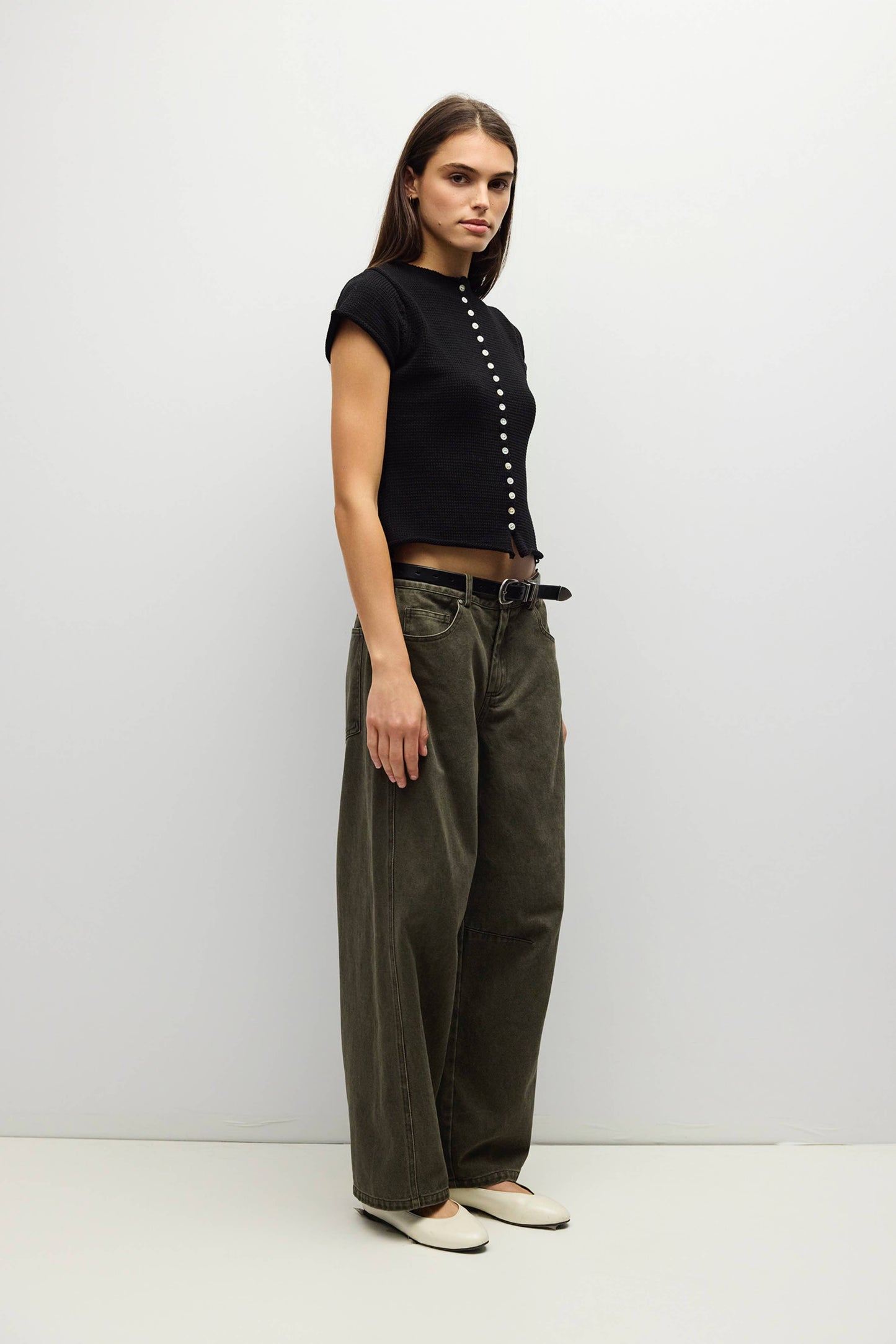 Rolled Edge Cotton Knit Button Top