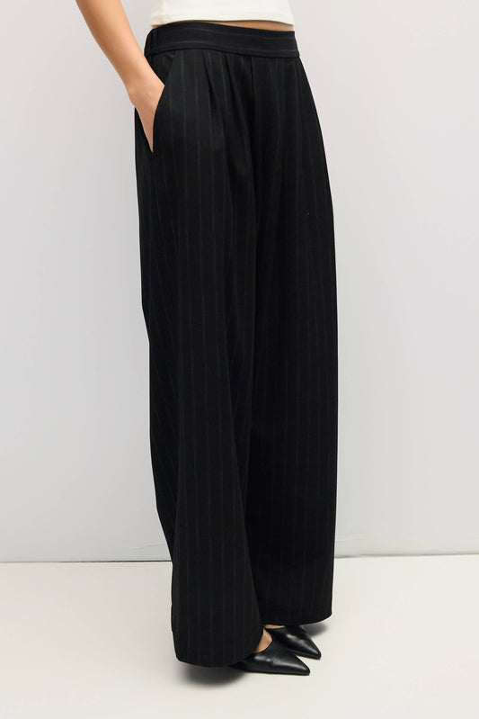 Black Pinstripe Pleated Wide Leg Pants