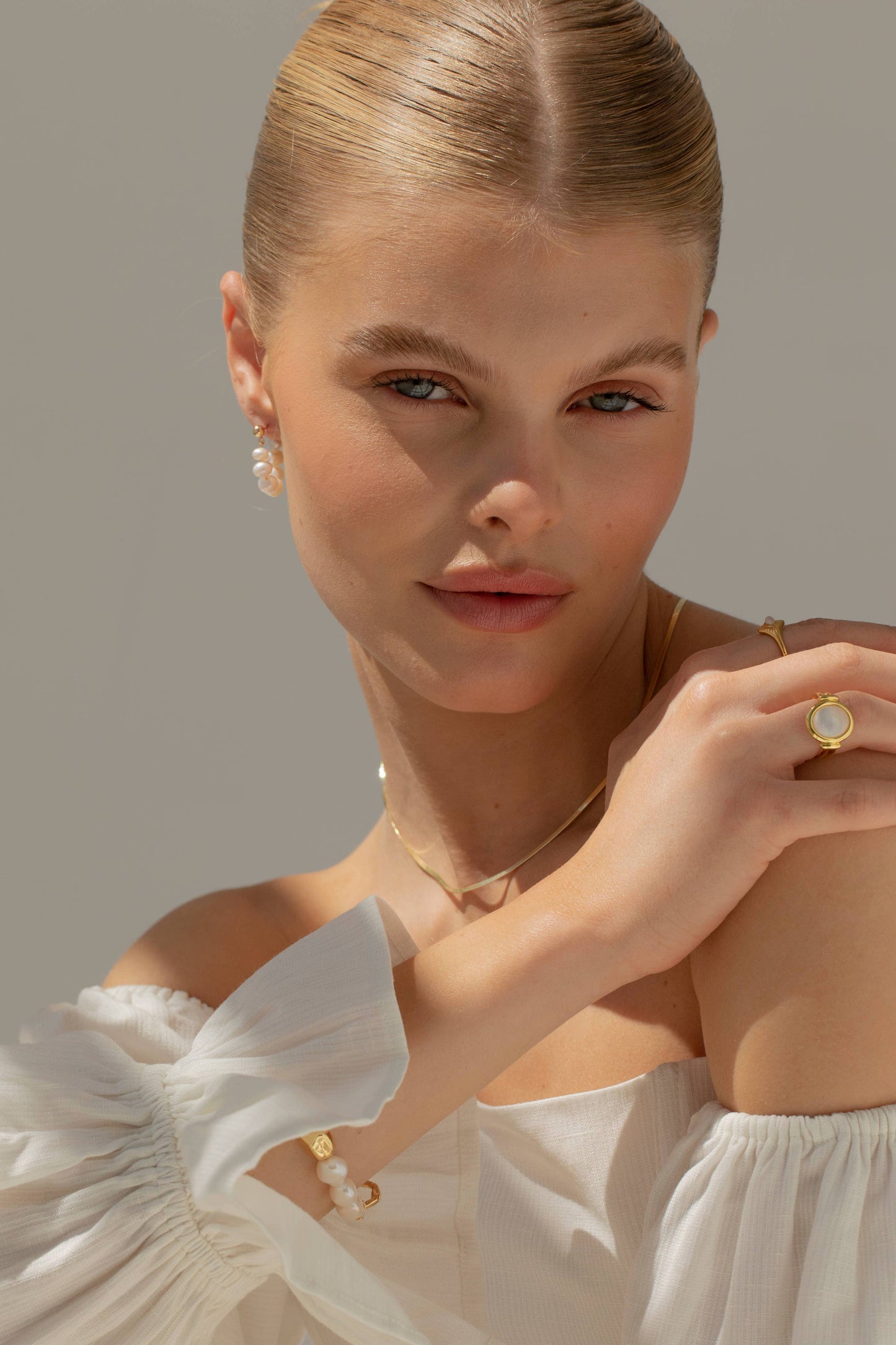 Gold Pearls Links Hooped Earrings