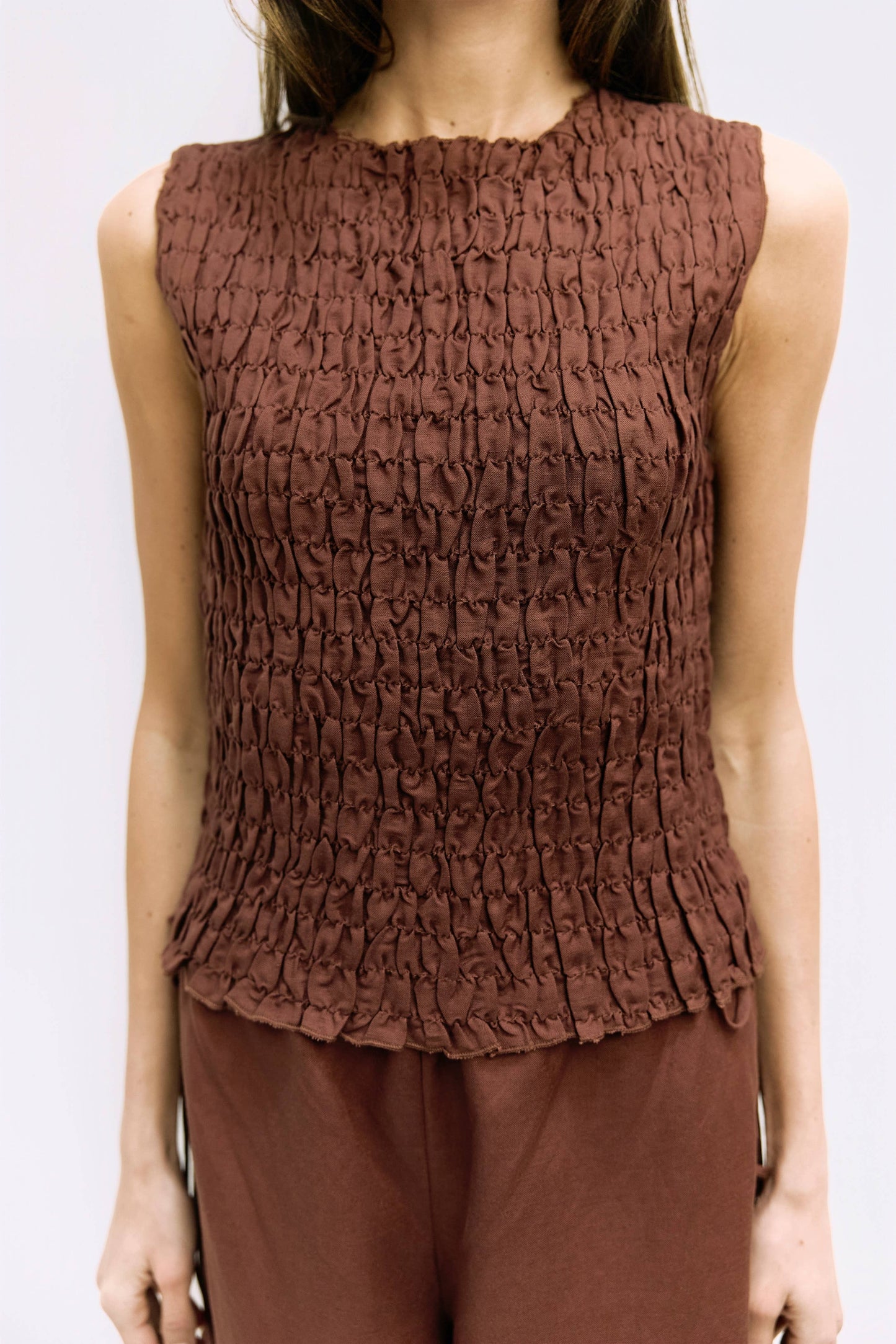 Brown Smocked Sleeveless Tie Back Top