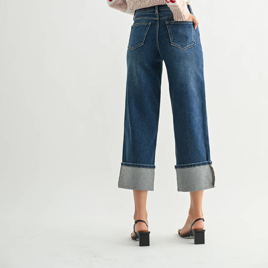Dark Wash Slim Wide Cuffed Ankle Jean