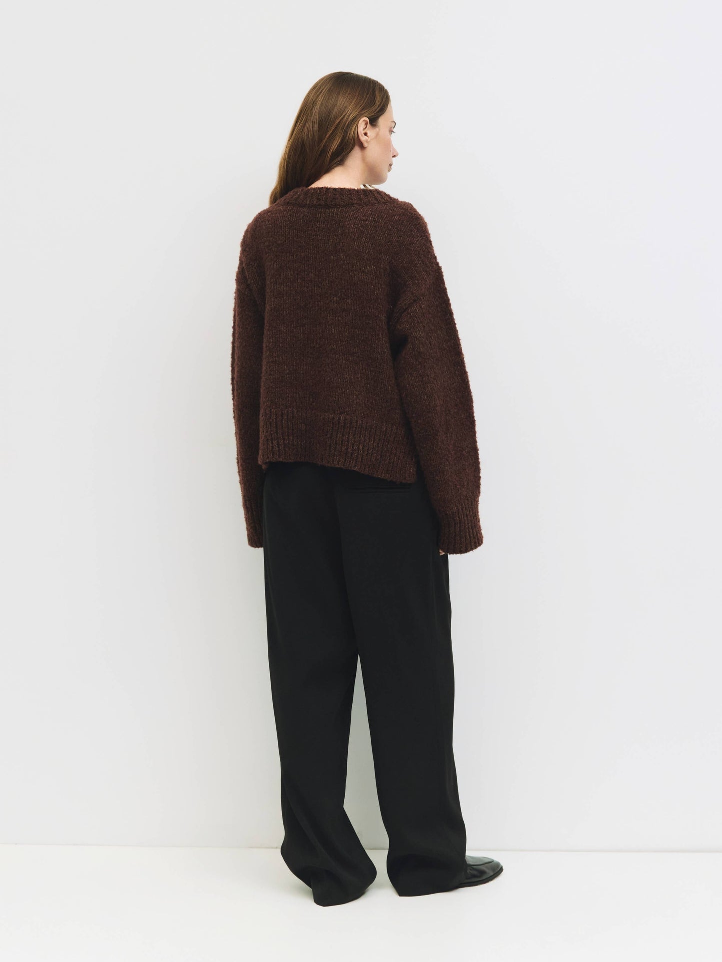 Brown Boucle Knit V-Neck Sweater