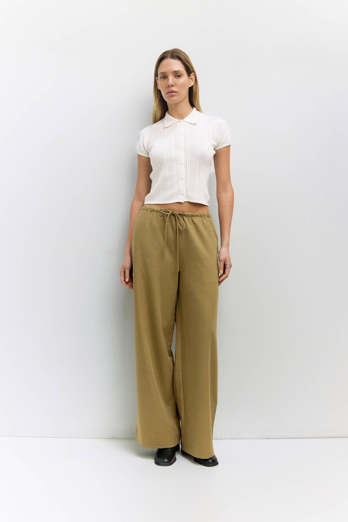 Pointelle Collared Button Top