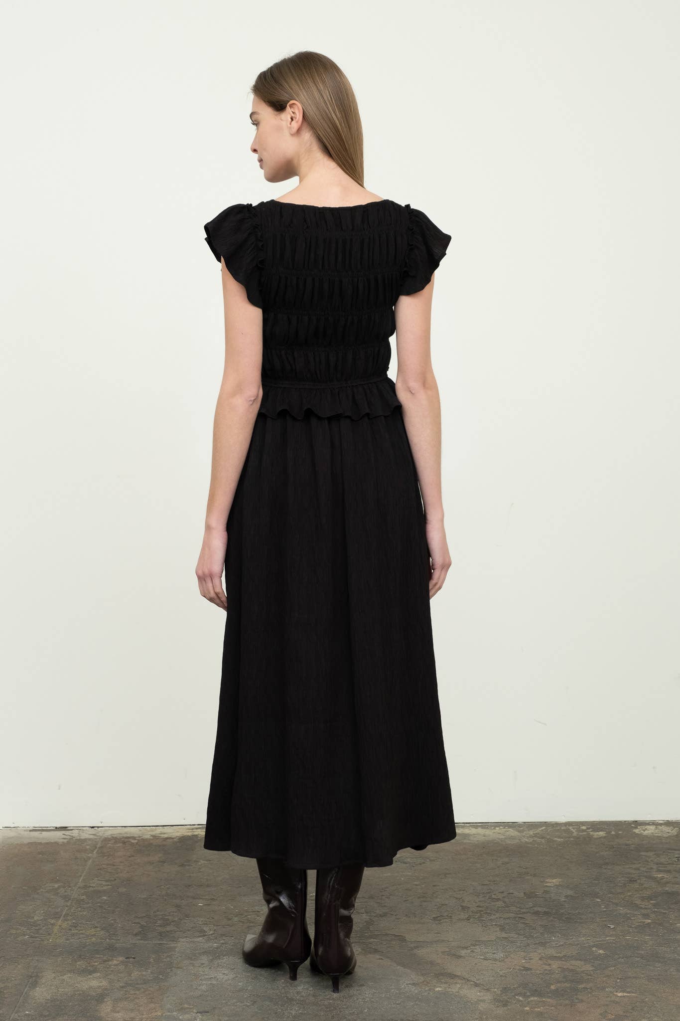 Black Shirred V-Neck Ruffle Trim Midi Dress