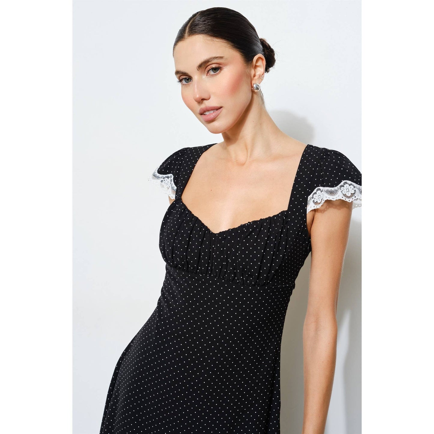 Black Polka Dot Lace Trim Midi Dress