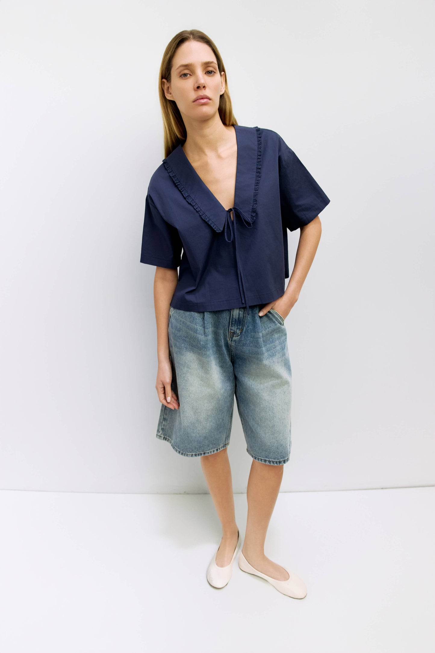 Poplin Lace Trim V Neck Boxy Top