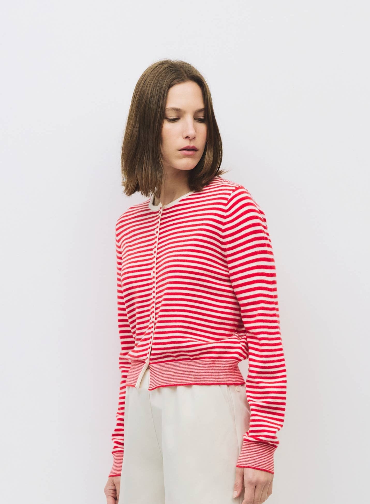 Striped Button Down Round Neck Cardigan