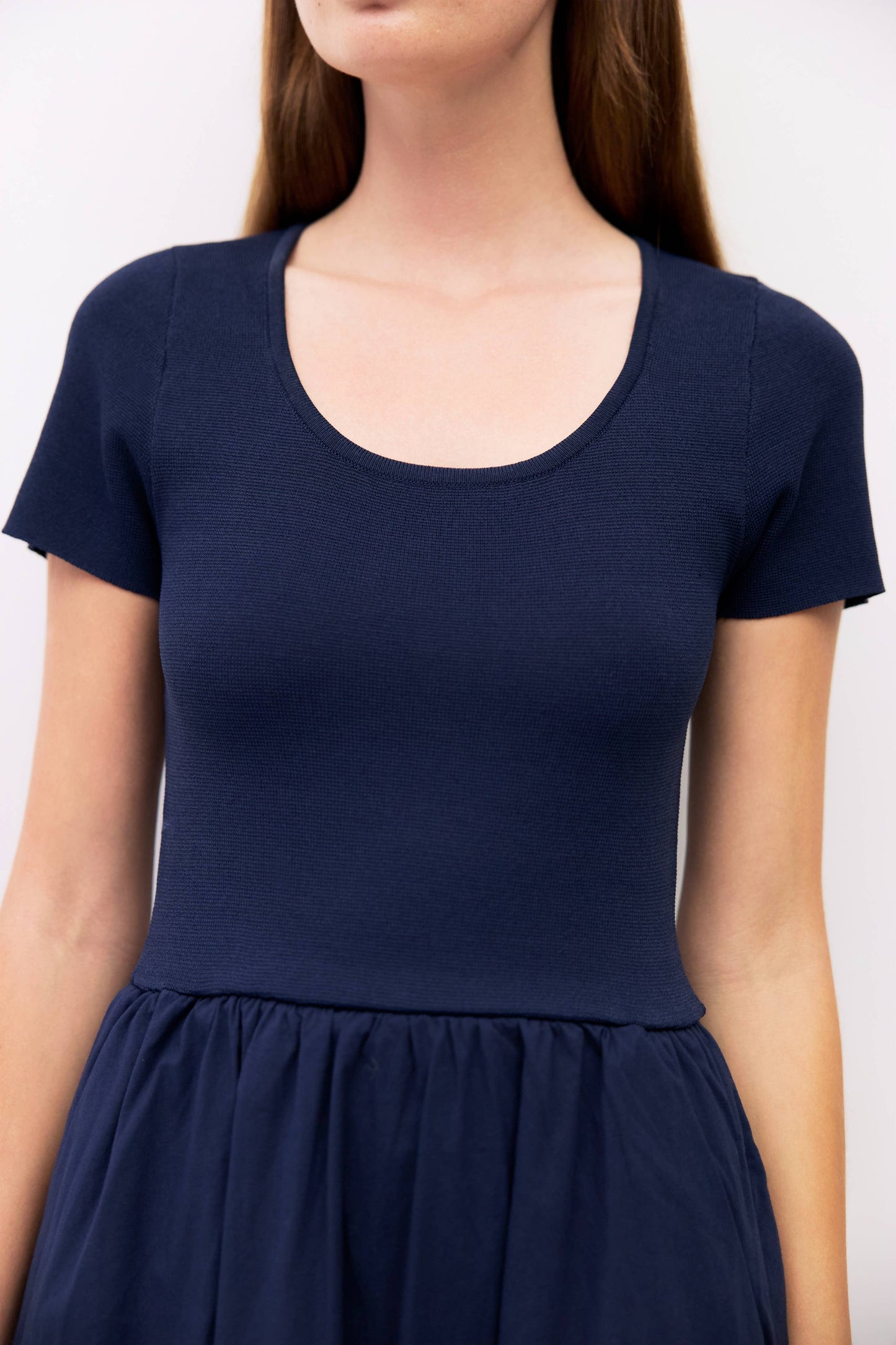 Navy Knit Short Sleeve Mixed Media Midi Dress