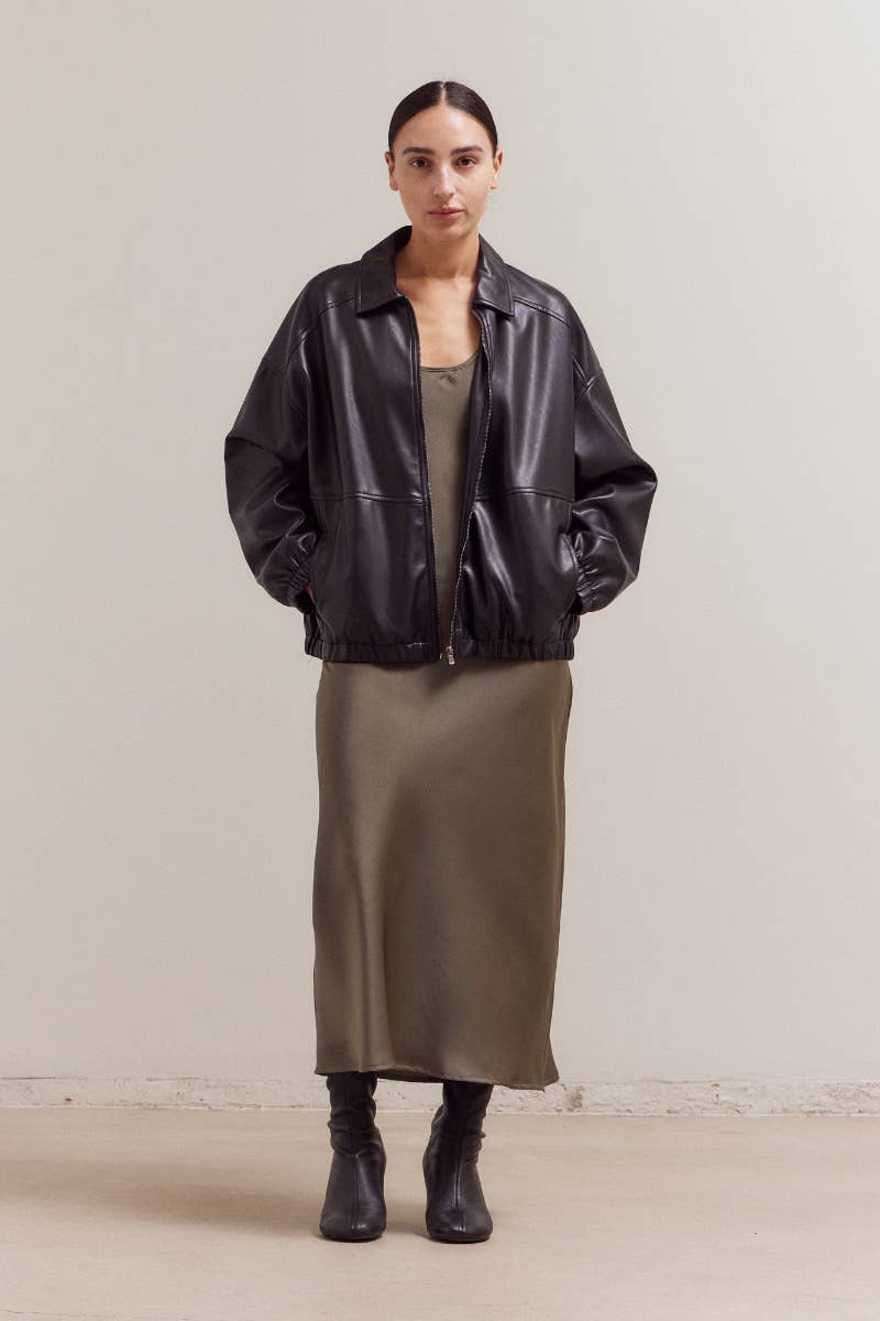 Black Vegan Leather Bomber Jacket