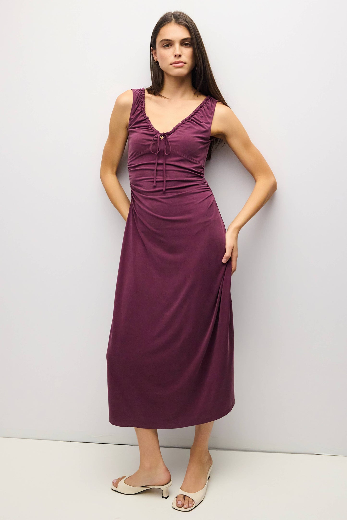V-Neck Ruched Knit Midi Dress