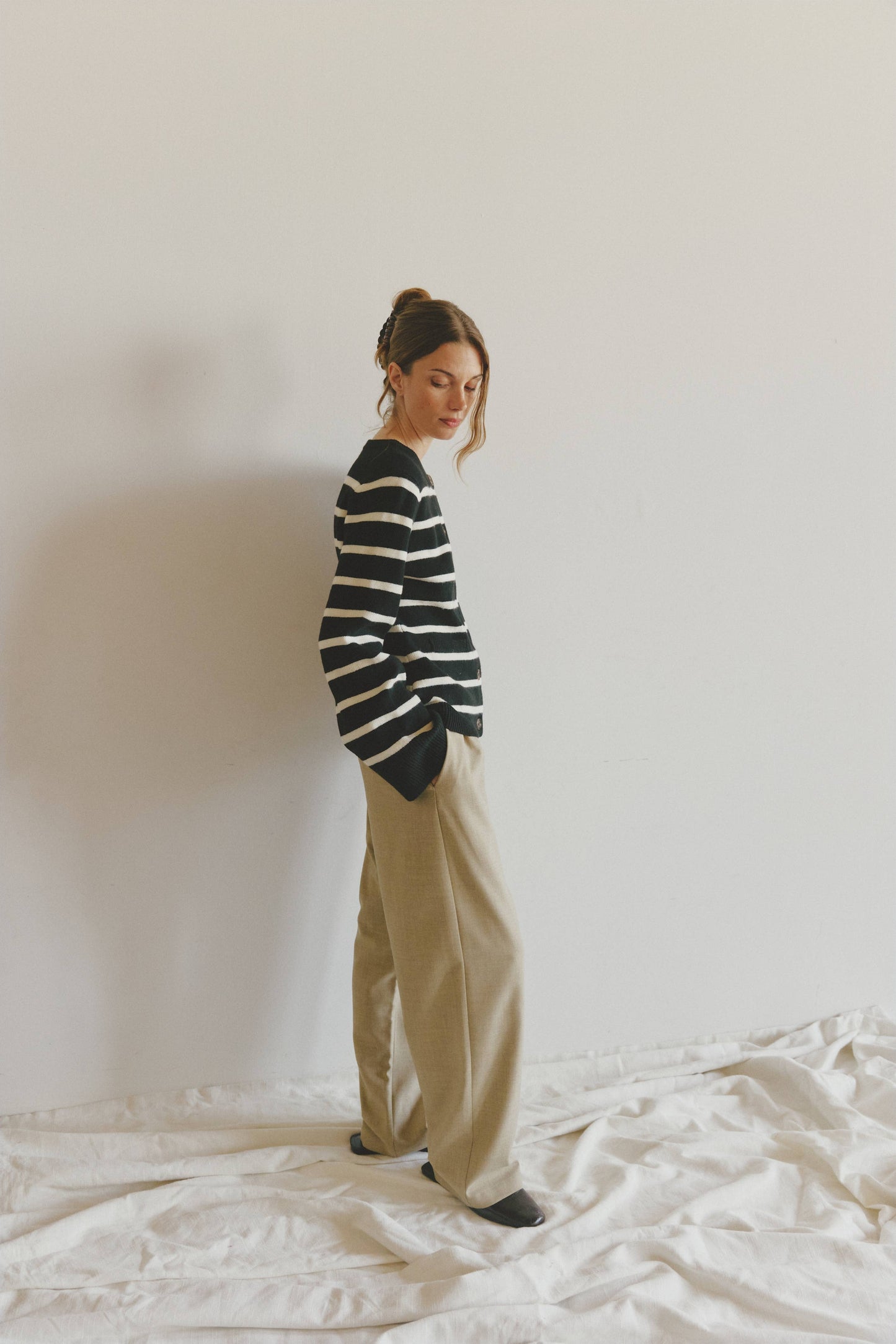 Black Striped Bell Sleeve Buttoned Cardigan