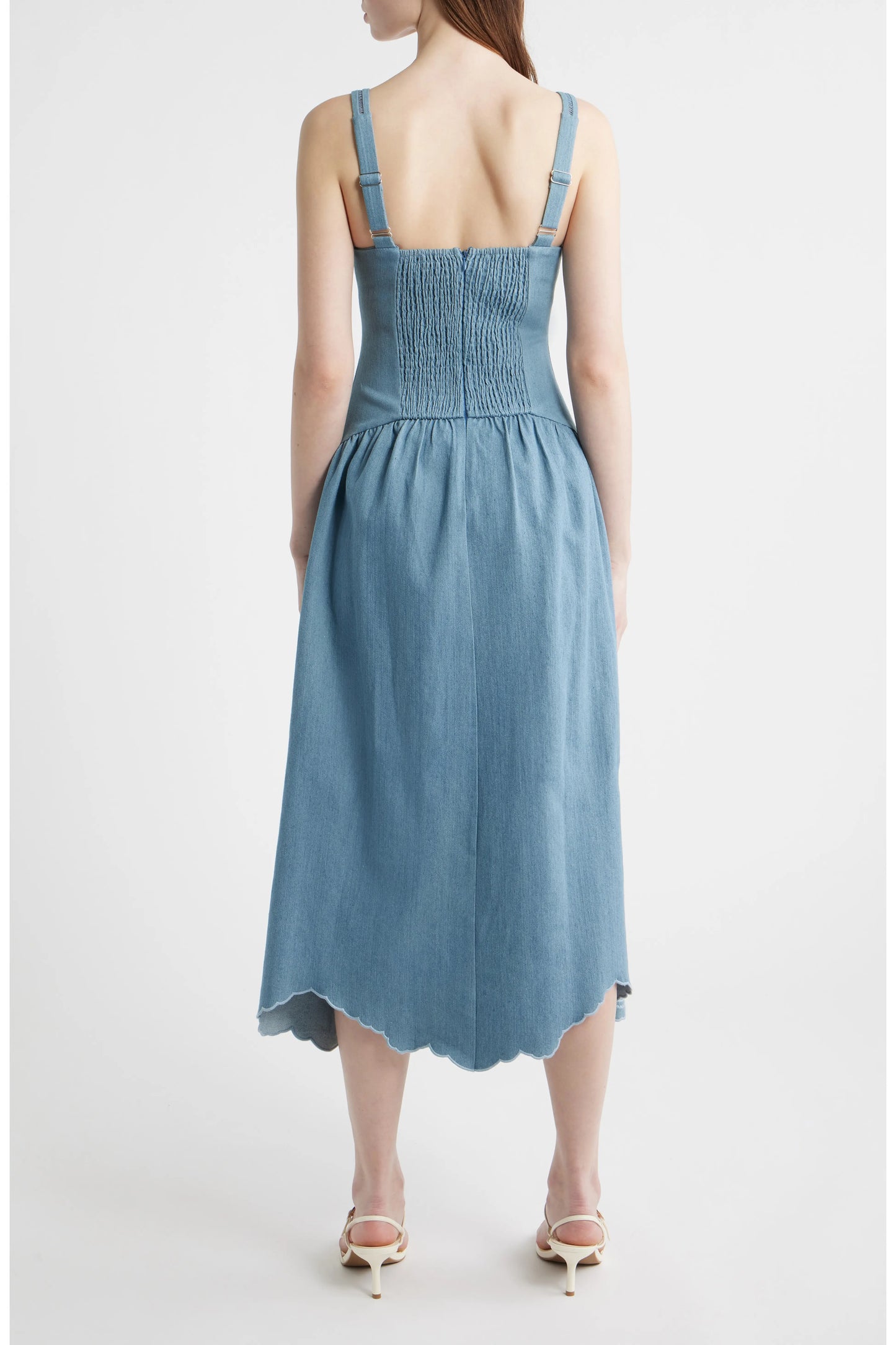 Denim V-Neck Eyelet Detail Midi Dress