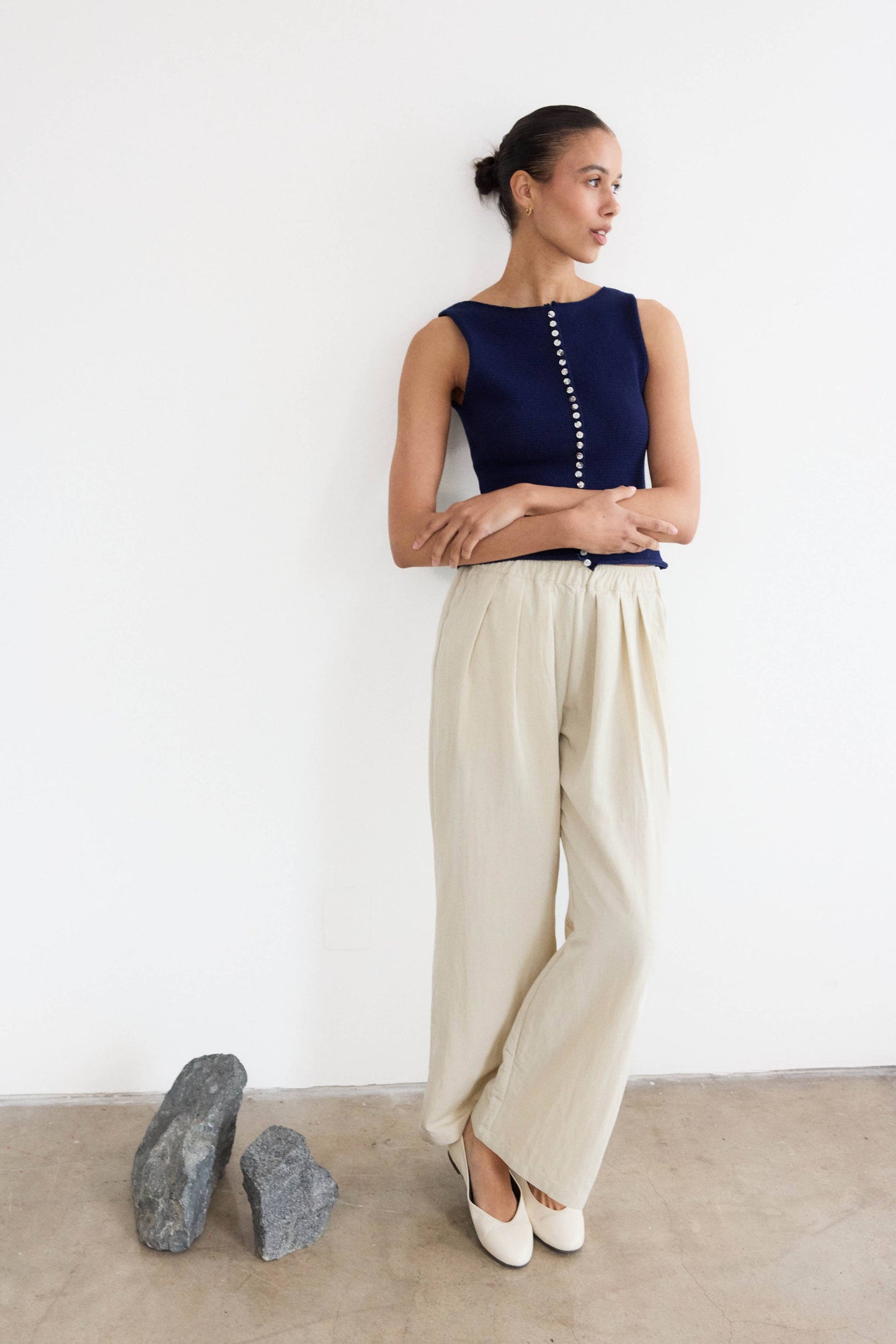 Bone Pleated Wide Leg Pants