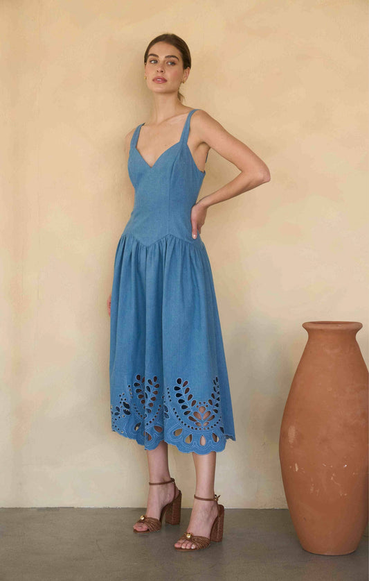 Denim V-Neck Eyelet Detail Midi Dress