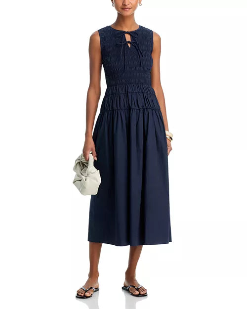 Navy Smocked Bodice Front Tie Midi Dress