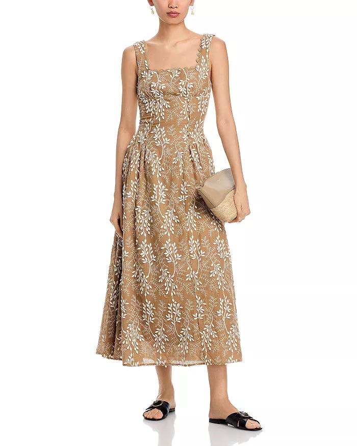 Mocha Embroidered Corset Midi Dress