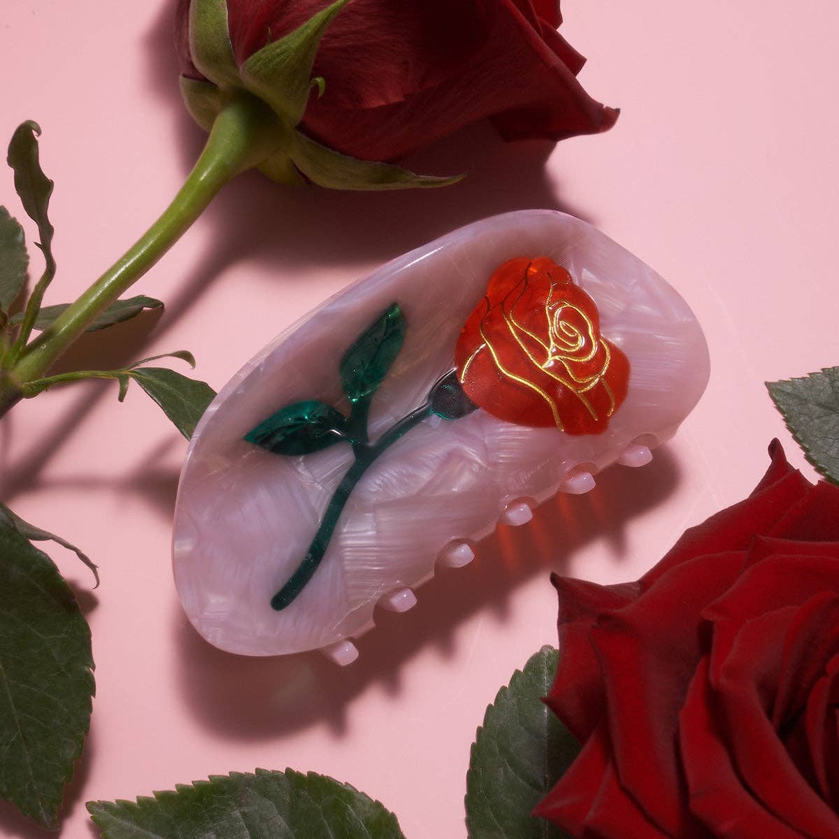 Pink Belle Red Rose Acetate Hair Claw
