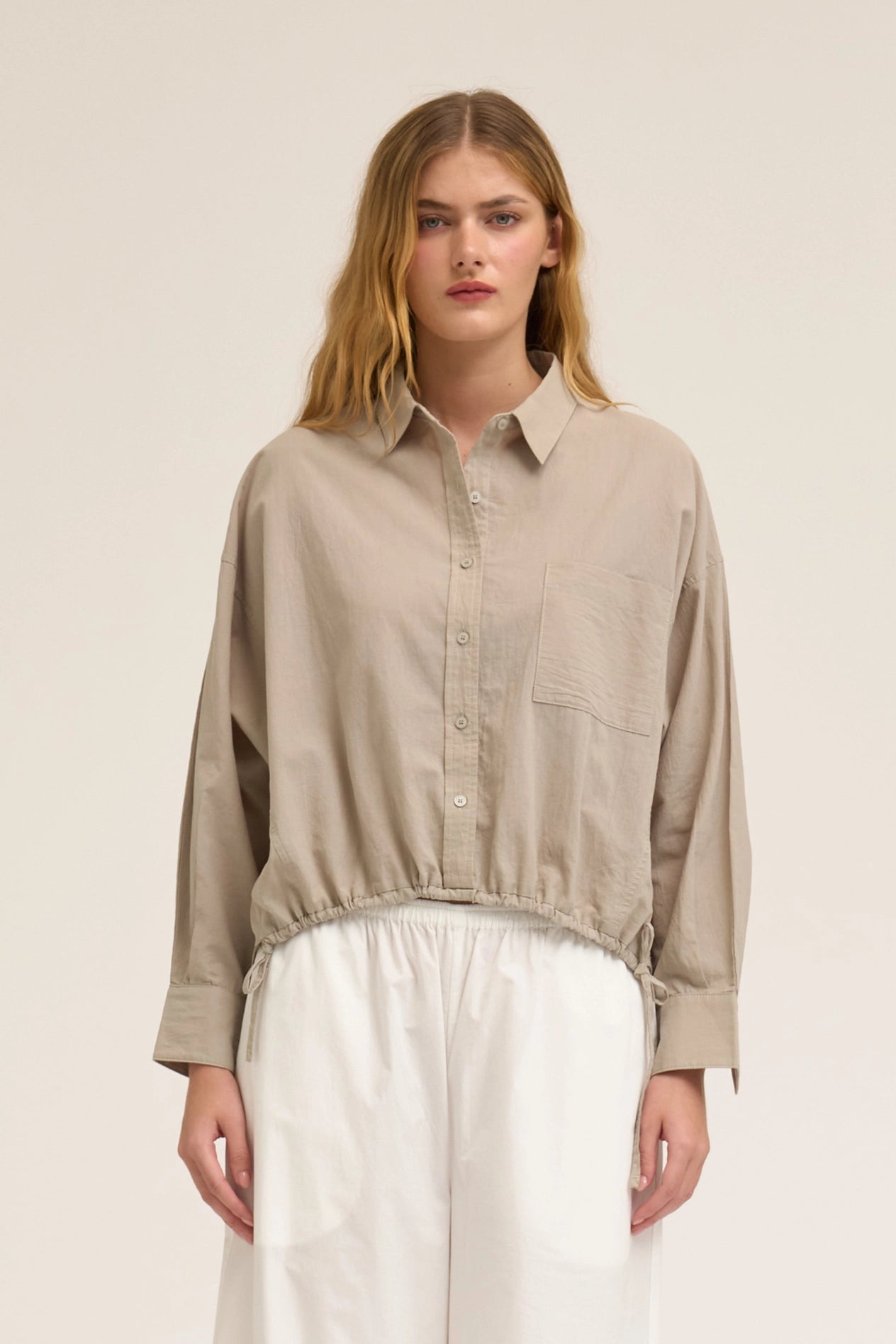 Drawstring Hem Crinkled Cotton Shirt