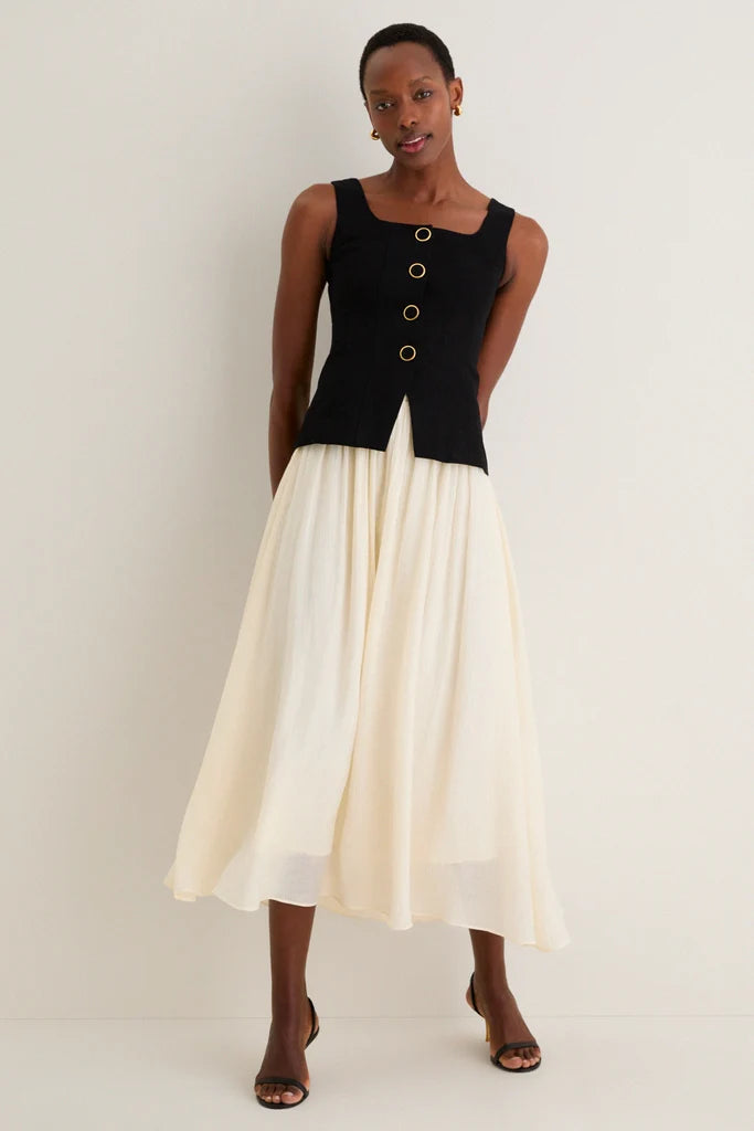 Black Two Tone Button Front Midi Dress