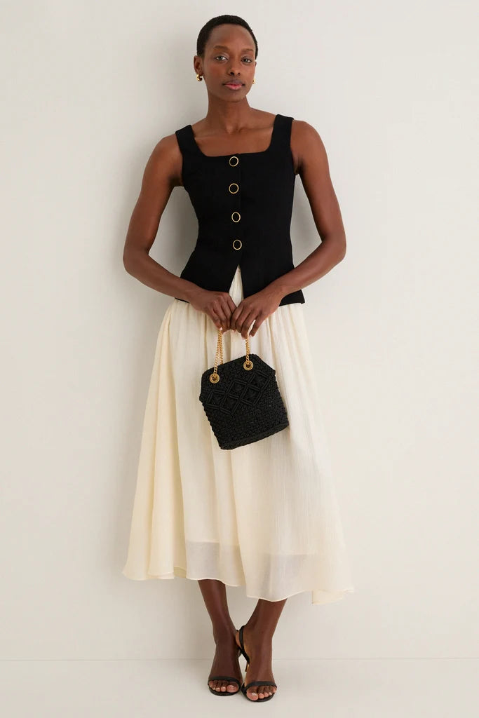 Black Two Tone Button Front Midi Dress