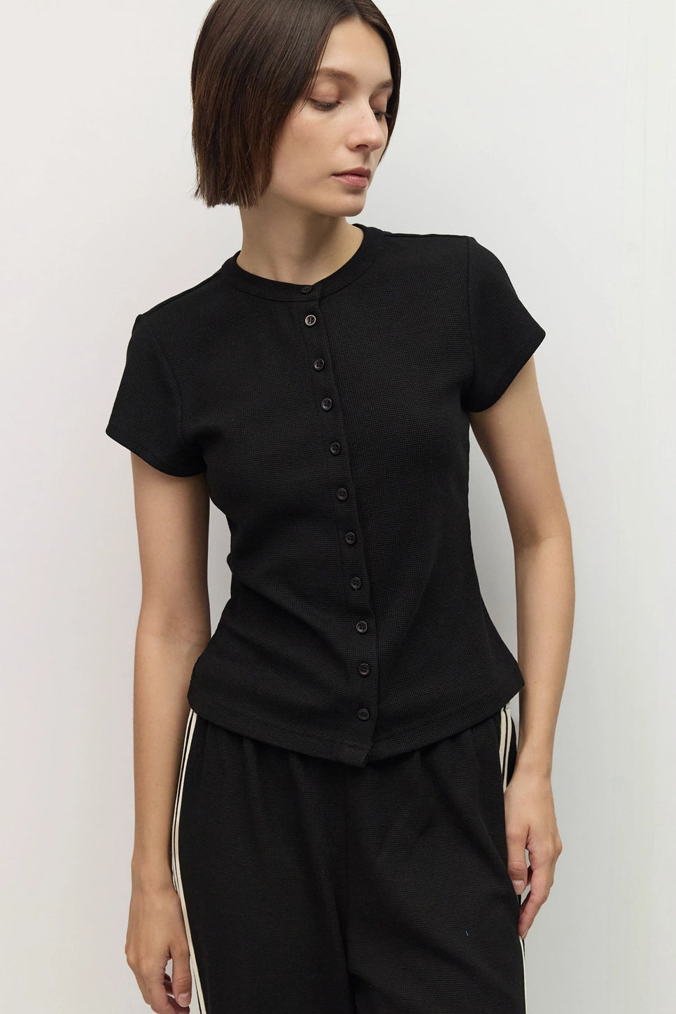 Waffle Knit Button Front Short Sleeve Top