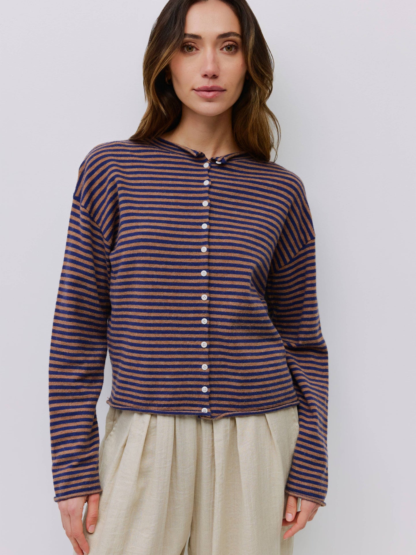 Rolled Edge Striped Button-Down Cardigan