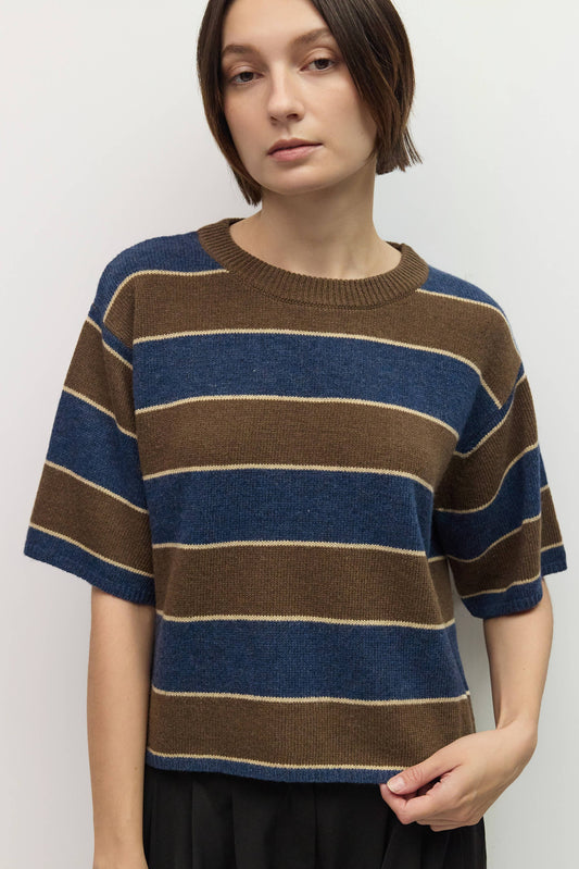 Brown + Navy Striped Short Sleeve Sweater