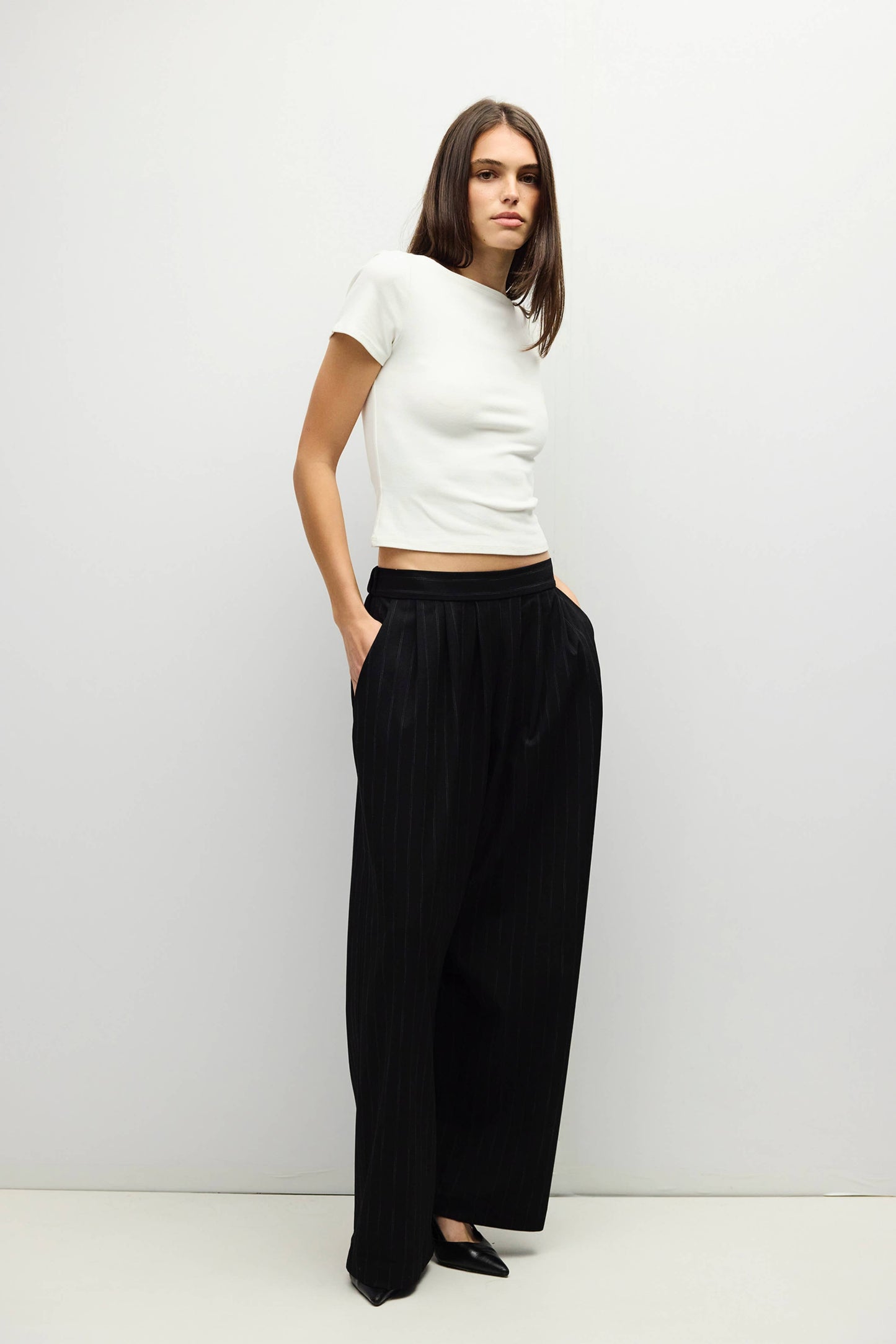 Black Pinstripe Pleated Wide Leg Pants
