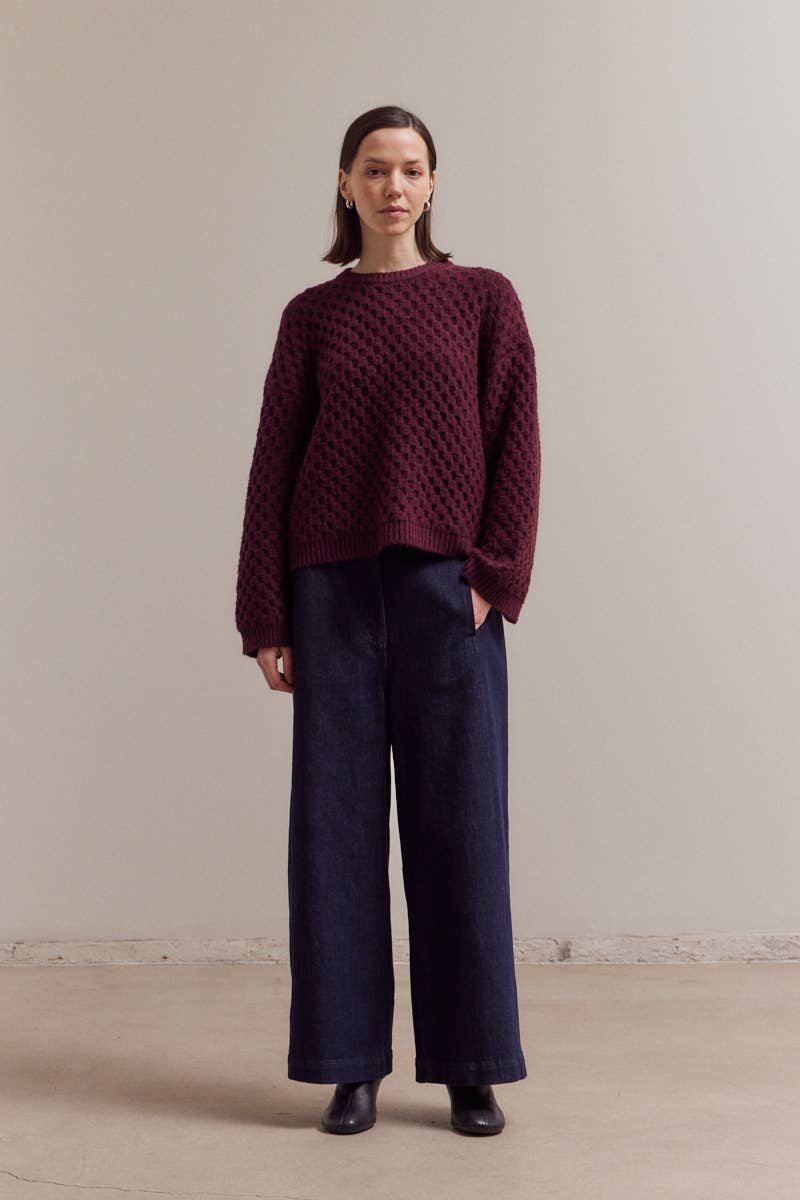 Plum Check Textured Knit Crewneck Sweater