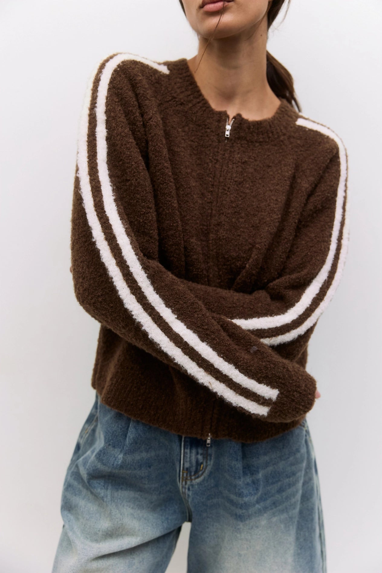 Knit Boucle Striped Sleeve Zip-Up Jacket