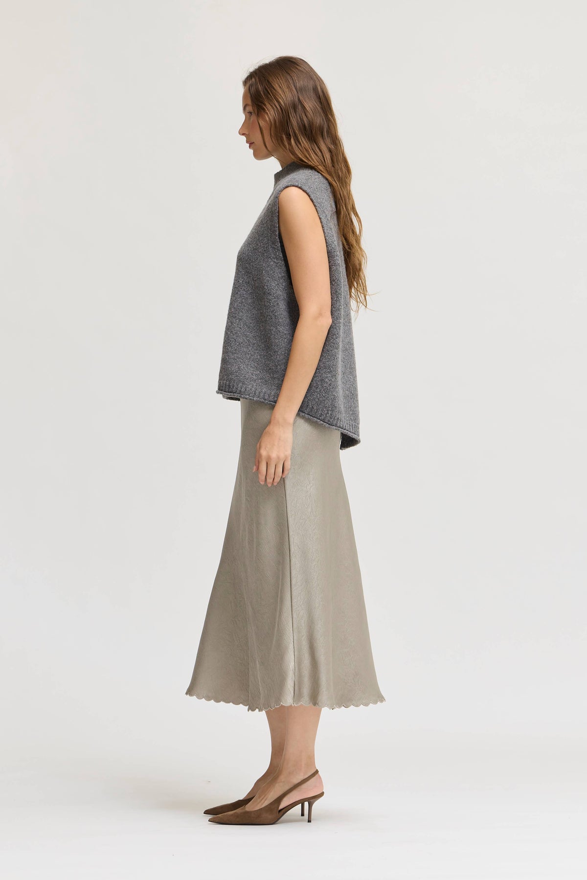 Light Taupe Scallop Hem Satin Midi Skirt