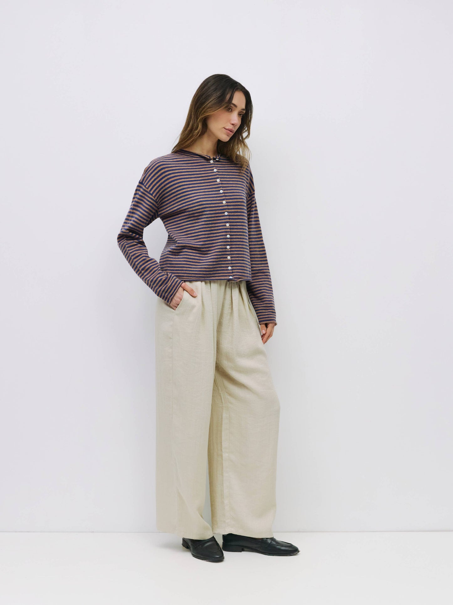 Rolled Edge Striped Button-Down Cardigan