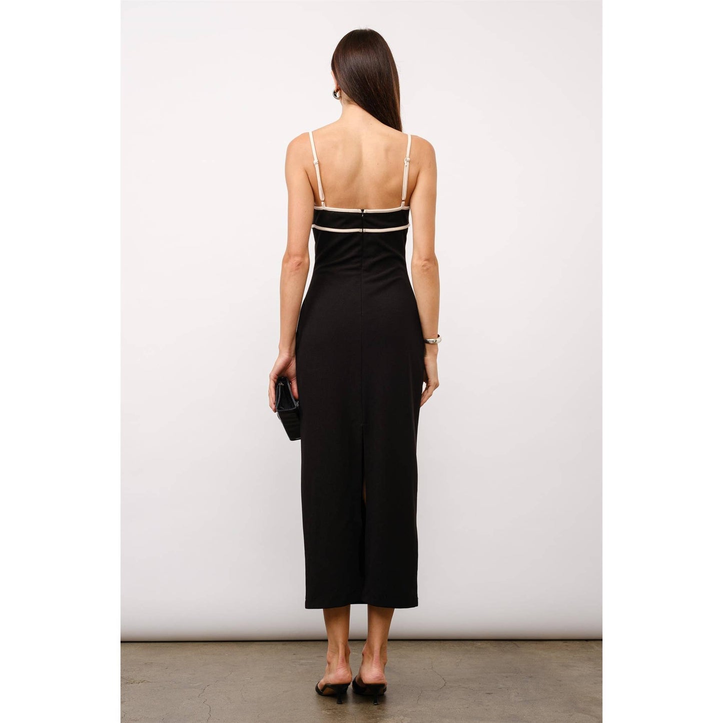 Black Crepe Maxi Dress with Contrast Trim