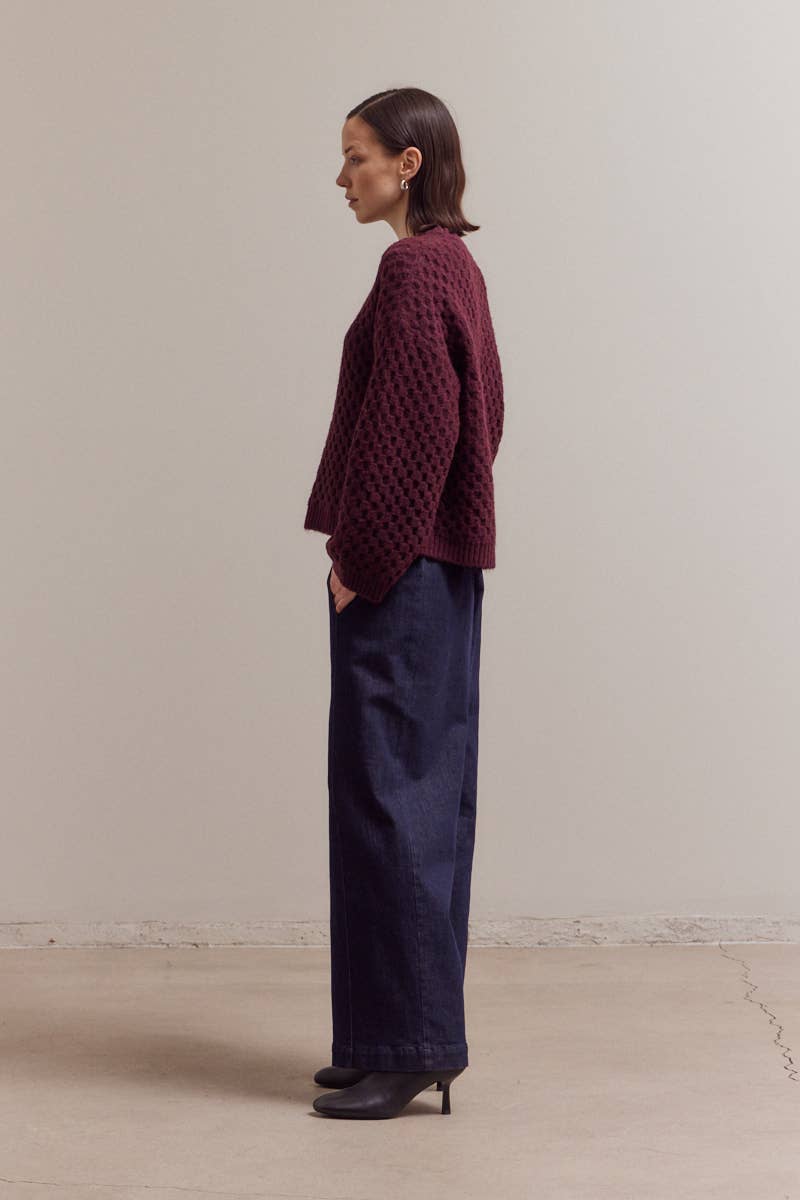 Plum Check Textured Knit Crewneck Sweater