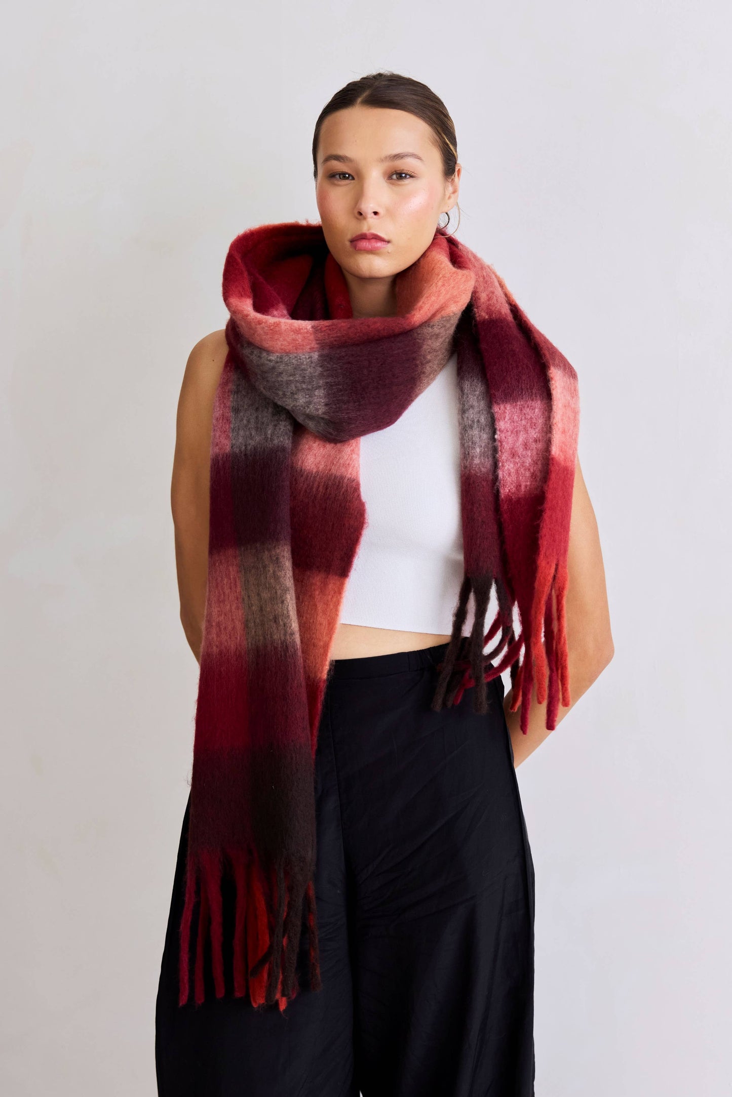 Burgundy Brushed Plaid Oversized Scarf