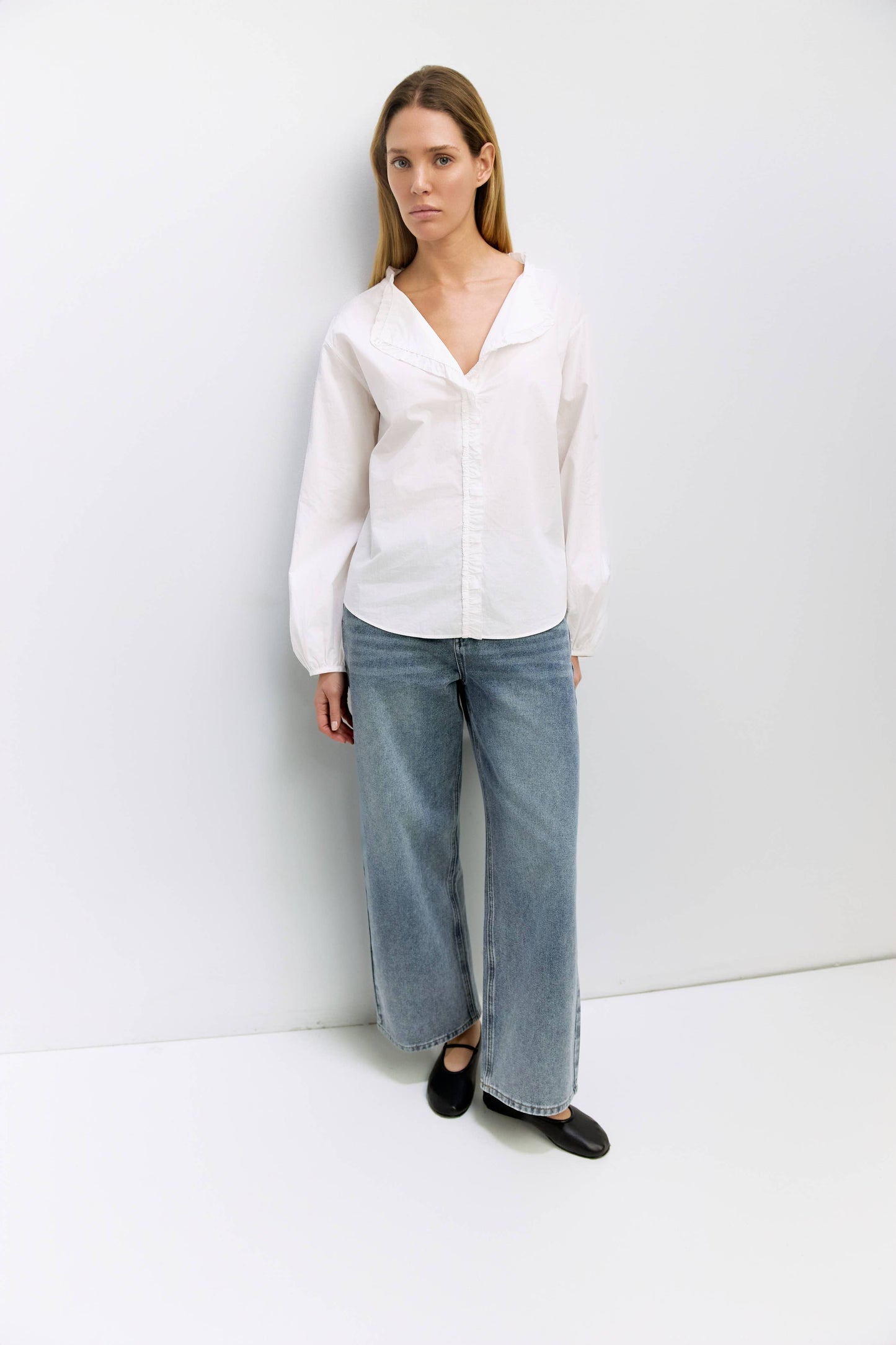 White Ruffle Button-Down Shirt