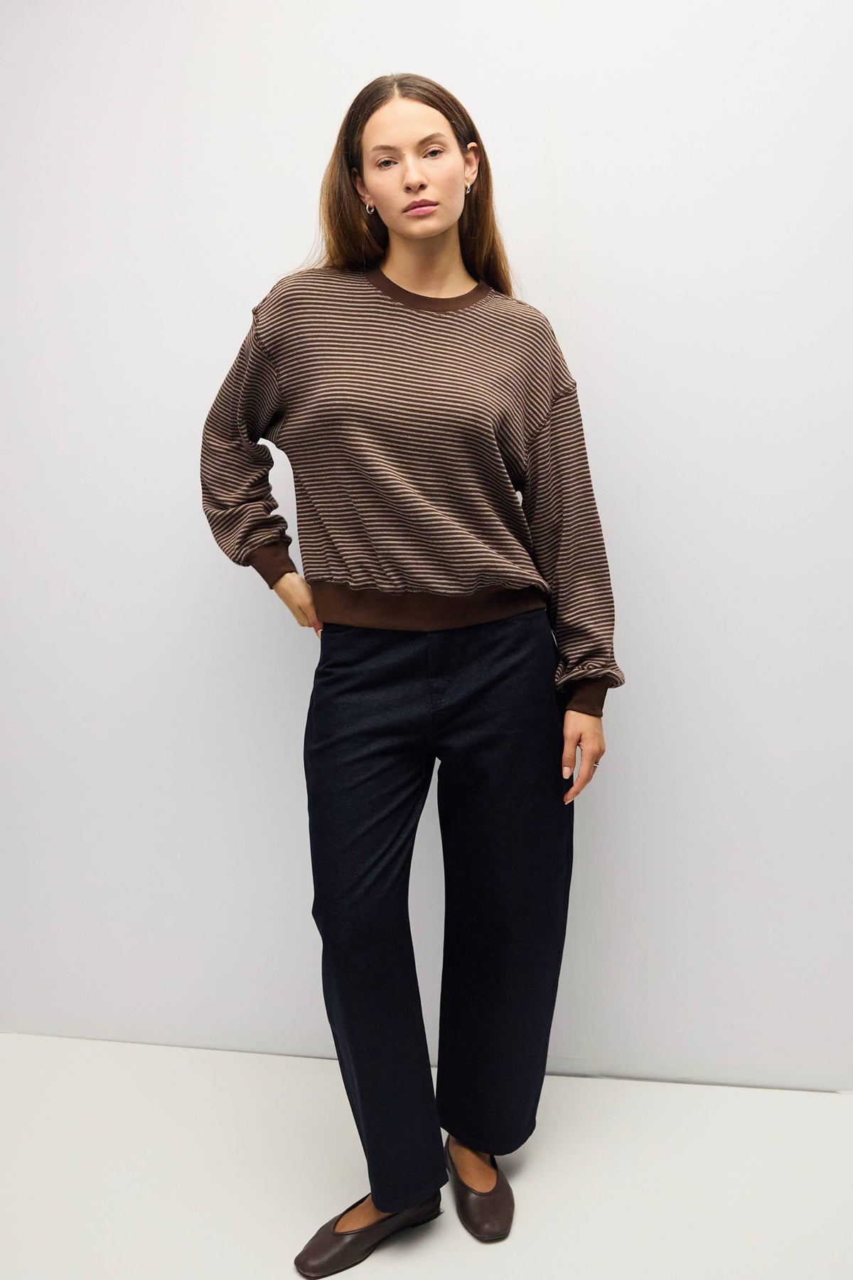Stripe Crewneck Drop Shoulder Jersey Top