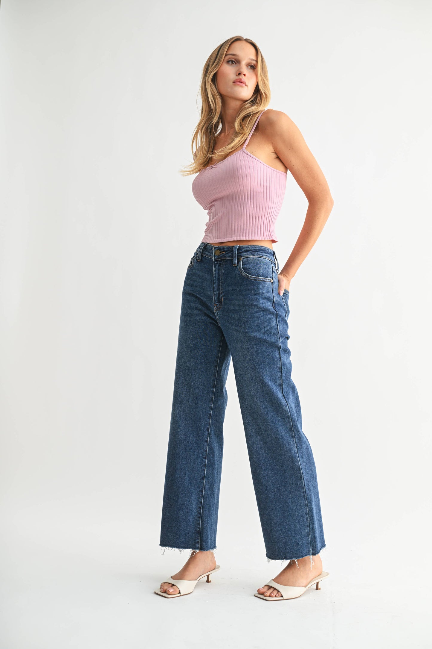 Dark Wash Slim Cut Wide Leg Jean