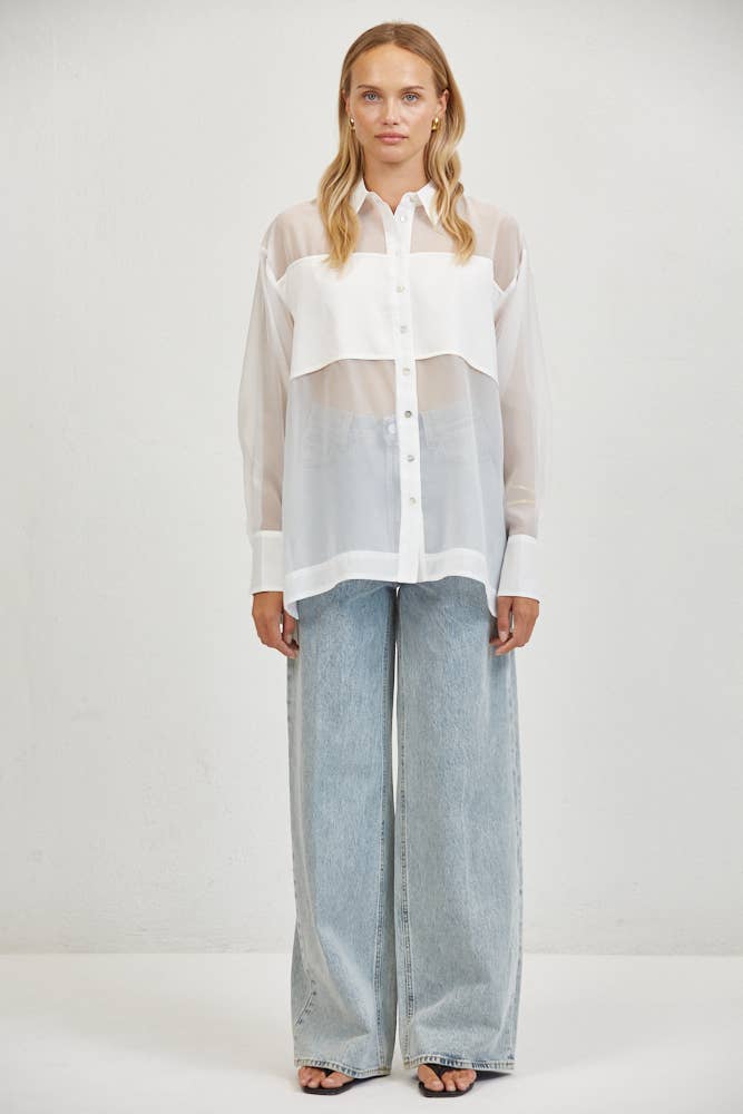 White Sheer Collar Neck Long Sleeve Blouse