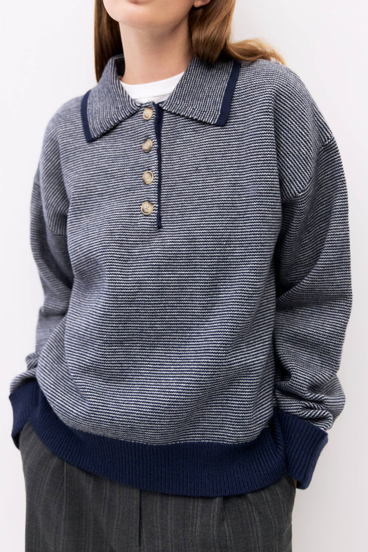 Blue Striped Collared Polo Sweater